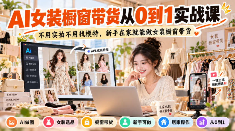 AI女装橱窗带货从0到1实战课,不用实拍不用找模特,新手在家就能做女装橱窗带货|副业联盟