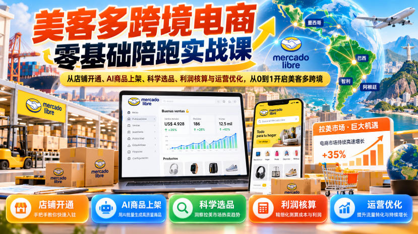 美客多跨境电商零基础陪跑实战课:从店铺开通、AI商品上架、科学选品、利润核算与运营优化,从0到1开启美客多跨境|副业联盟