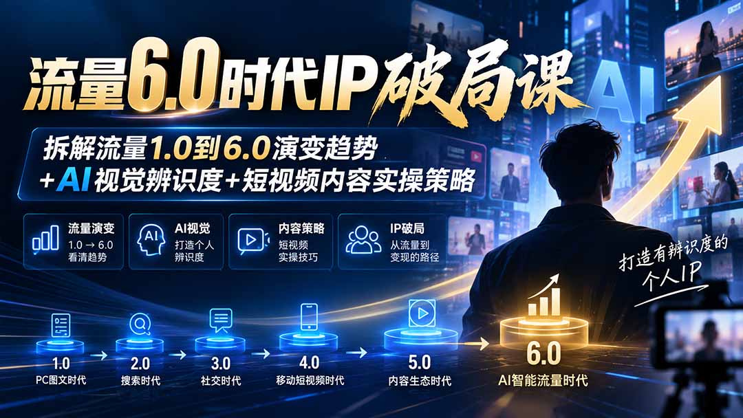 流量6.0时代IP破局课-更新:拆解流量1.0到6.0演变趋势+AI视觉辨识度+短视频内容实操策略|副业联盟