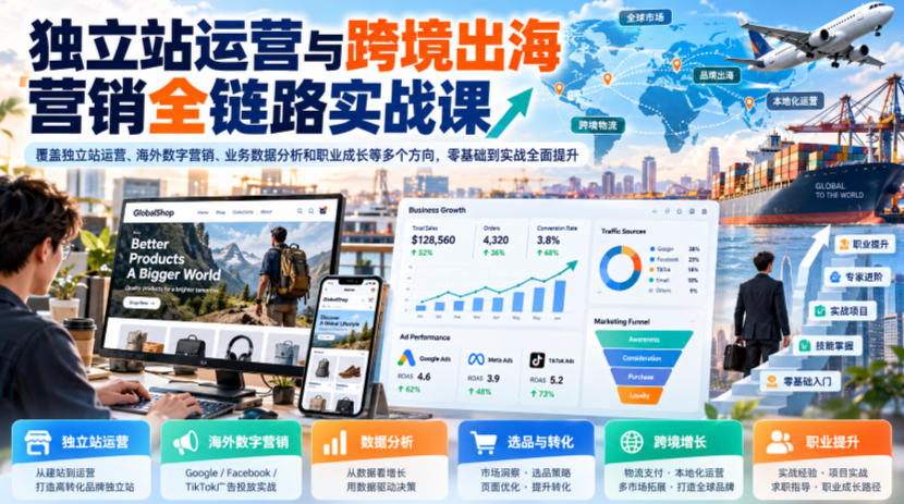 独立站运营与跨境出海营销全链路实战课,覆盖独立站运营、海外数字营销、业务数据分析和职业成长等多个方向,零基础到实战全面提升|副业联盟