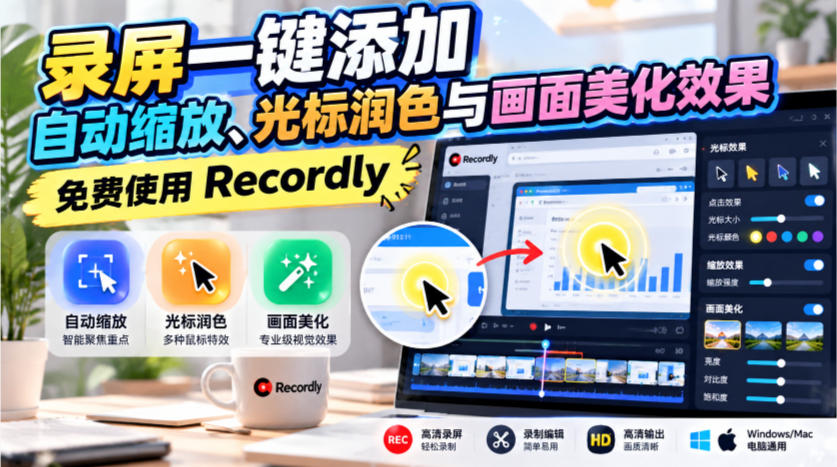 录屏一键添加自动缩放、光标润色与画面美化效果,免费使用Recordly|副业联盟