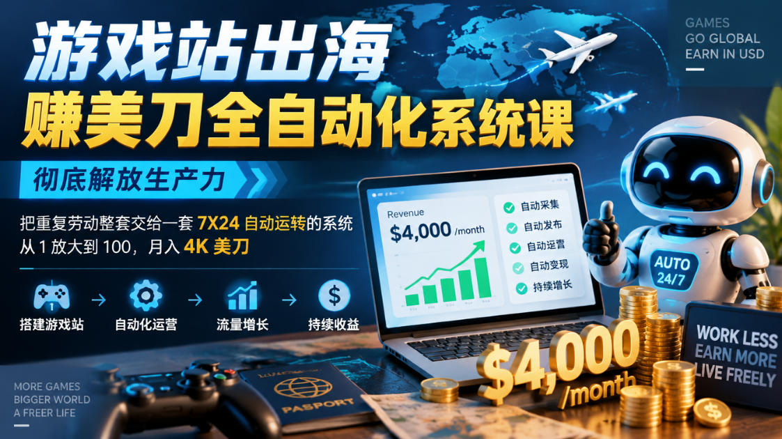 游戏站出海賺美刀全自动化系统课,彻底解放生产力--把重复劳动整套交给一套7X24自动运转的系统,从1放大到100,月入4K美刀|副业联盟