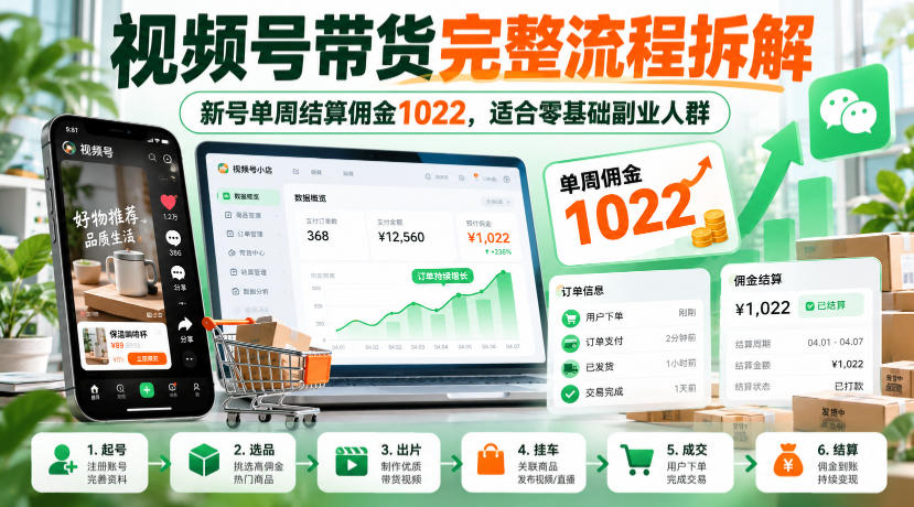 视频号带货完整流程拆解,新号单周结算佣金1022,适合零基础副业人群|副业联盟