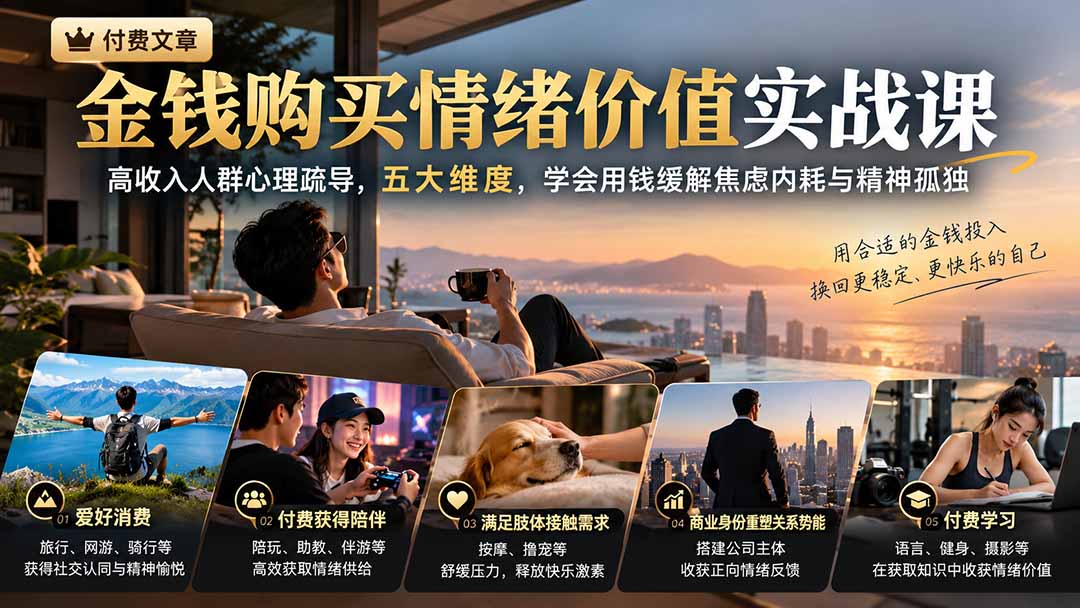 付费文章:金钱购买情绪价值实战课|高收入人群心理疏导,五大维度,学会用钱缓解焦虑内耗与精神孤独|副业联盟