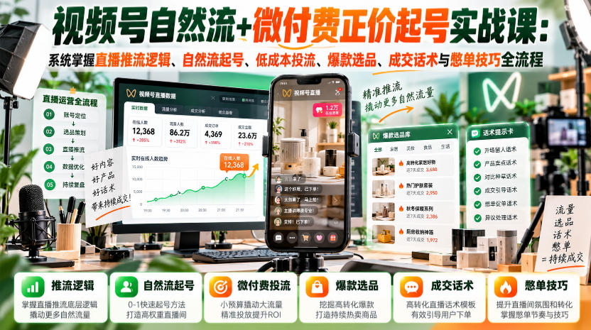 视频号自然流+微付费正价起号实战课:系统掌握直播推流逻辑、自然流起号、低成本投流、爆款选品、成交话术与憋单技巧全流程|副业联盟