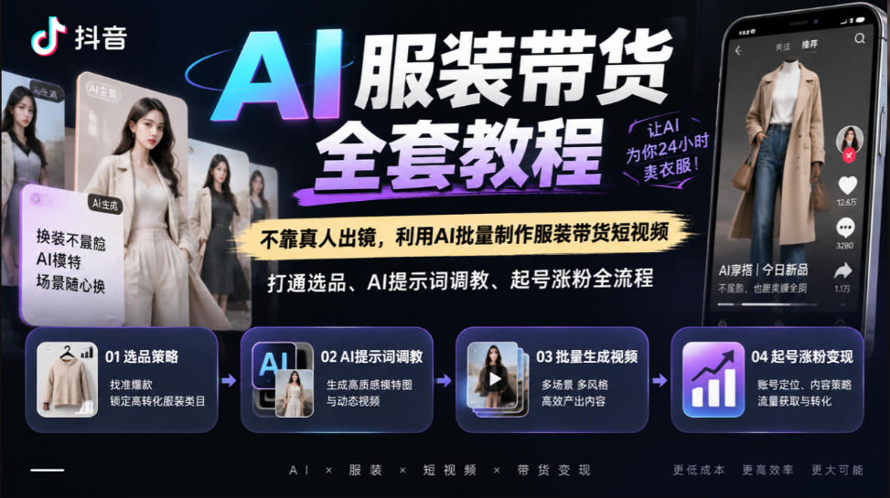 抖音AI服装带货全套教程,不靠真人出镜,利用AI批量制作服装带货短视频,打通选品、AI提示词调教、起号涨粉全流程|副业联盟