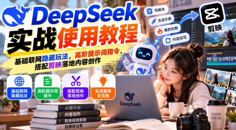 DeepSeek实战使用教程|基础联网隐藏玩法,高阶提示词指令,搭配剪映落地内容创作|副业联盟