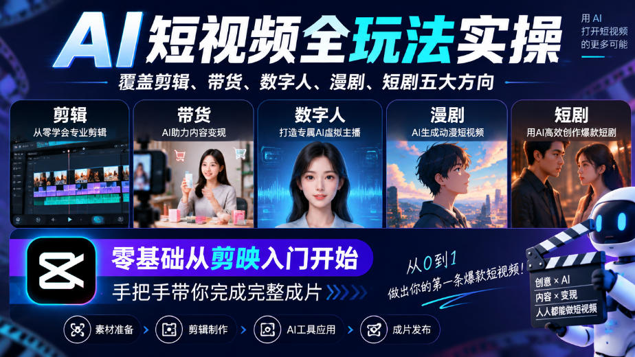 AI短视频全玩法实操,覆盖剪辑、带货、数字人、漫剧、短剧五大方向,零基础从剪映入门开始,手把手带你完成完整成片|副业联盟