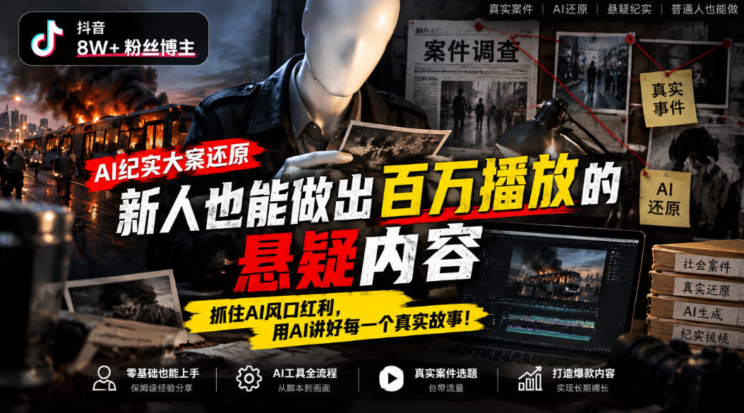 抖音8W粉丝博主的AI纪实大案还原教学,新人也能做出百W播放的悬疑内容,抓住AI风口红利,用AI讲好每一个真实故事(更新1014)|副业联盟