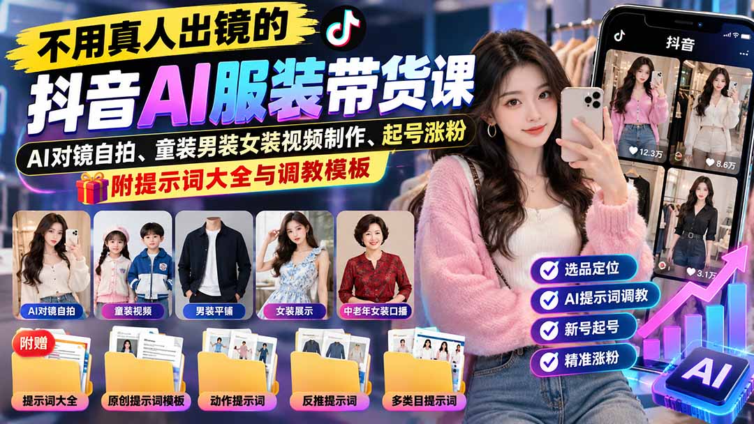 不用真人出镜的抖音AI服装带货课:AI对镜自拍、童装男装女装视频制作、起号涨粉,附提示词大全与调教模板|副业联盟