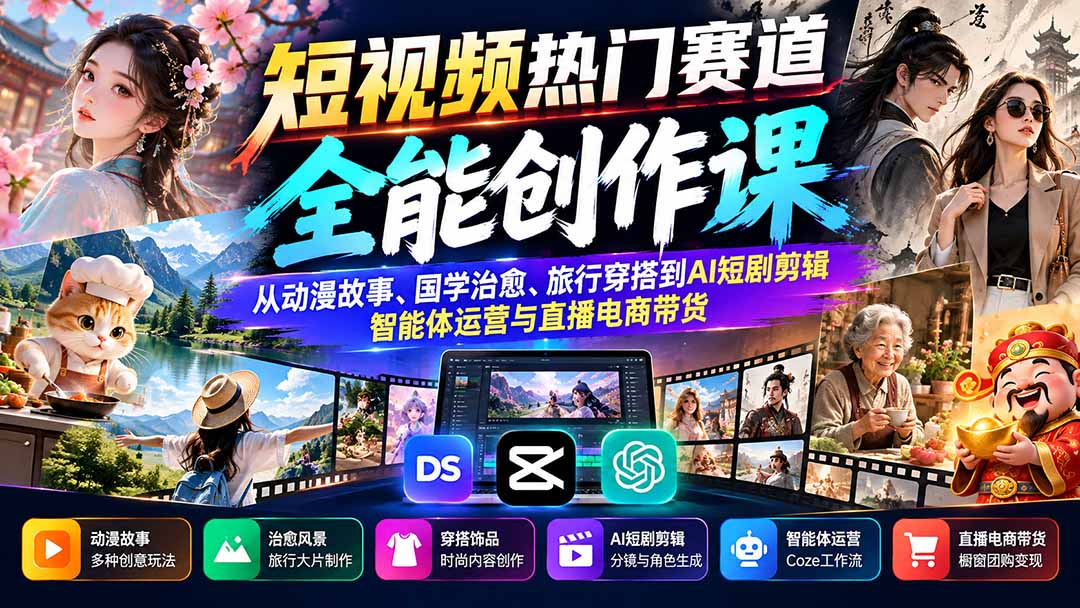 短视频热门赛道全能创作课:从动漫故事、国学治愈、旅行穿搭到AI短剧剪辑、智能体运营与直播电商带货|副业联盟