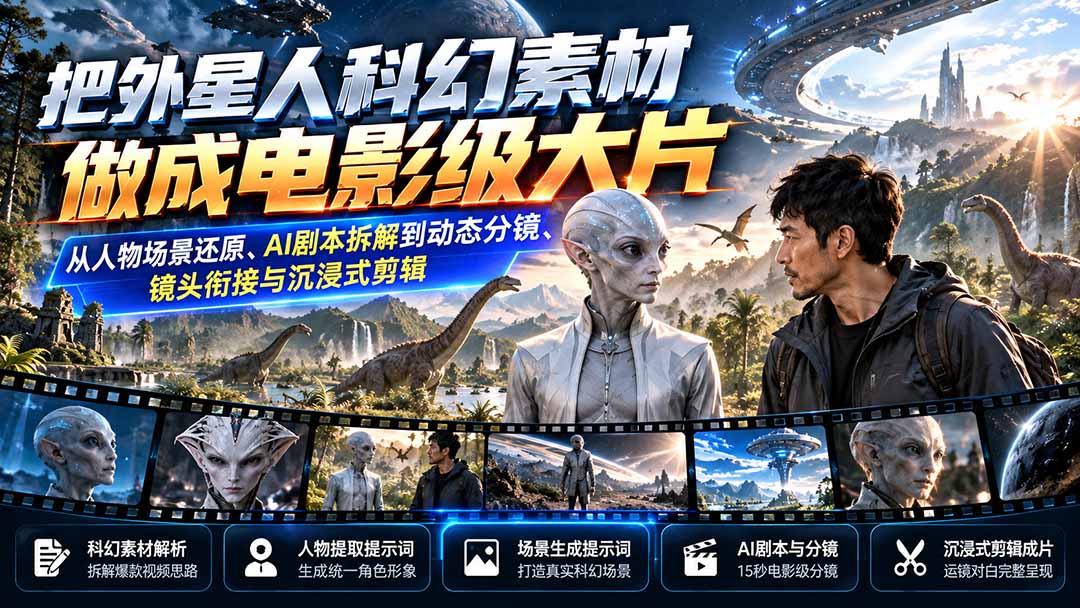 把外星人科幻素材做成电影级大片:从人物场景还原、AI剧本拆解到动态分镜、镜头衔接与沉浸式剪辑|副业联盟
