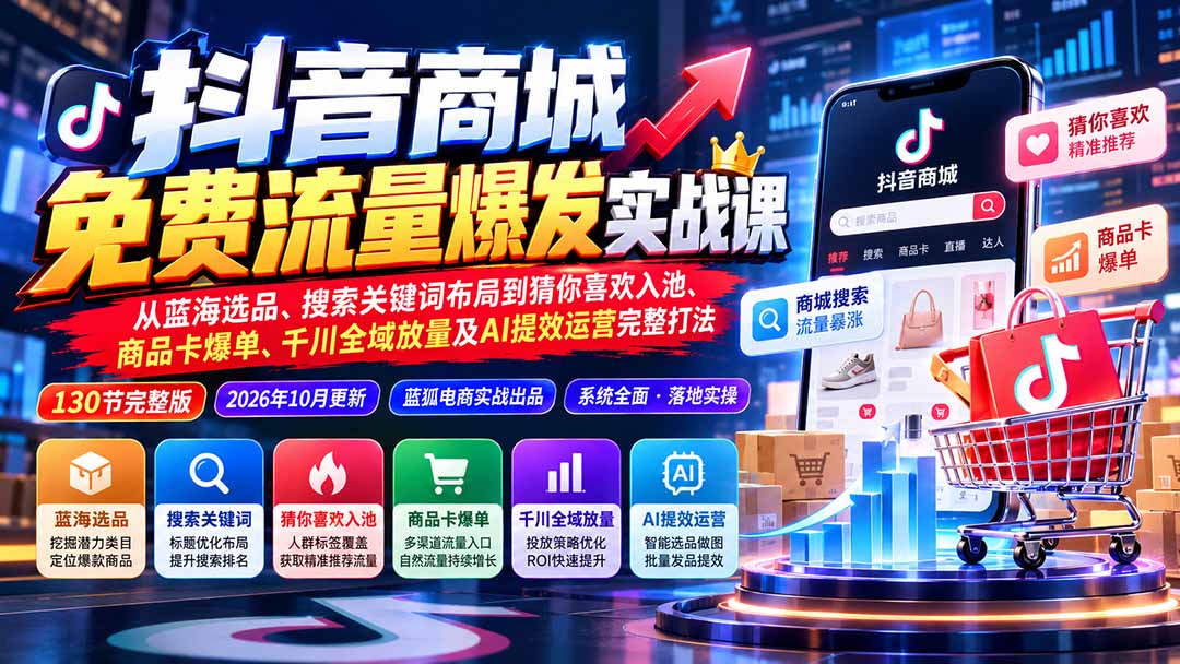 抖音商城免费流量爆发实战:从蓝海选品、搜索关键词布局到猜你喜欢入池、商品卡爆单、千川全域放量及AI提效完整打法|副业联盟