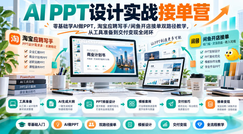 AI PPT设计实战接单营|零基础学AI做PPT,淘宝应聘写手/闲鱼开店接单双路径教学,从工具准备到交付变现全闭环|副业联盟