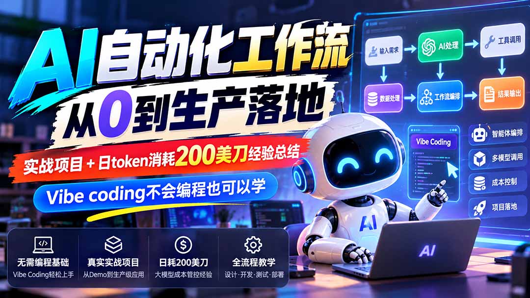 【无水印】AI自动化工作流从0到生产落地,实战项目+日token消耗200美刀经验总结,Vibe coding不会编程也可以学|副业联盟