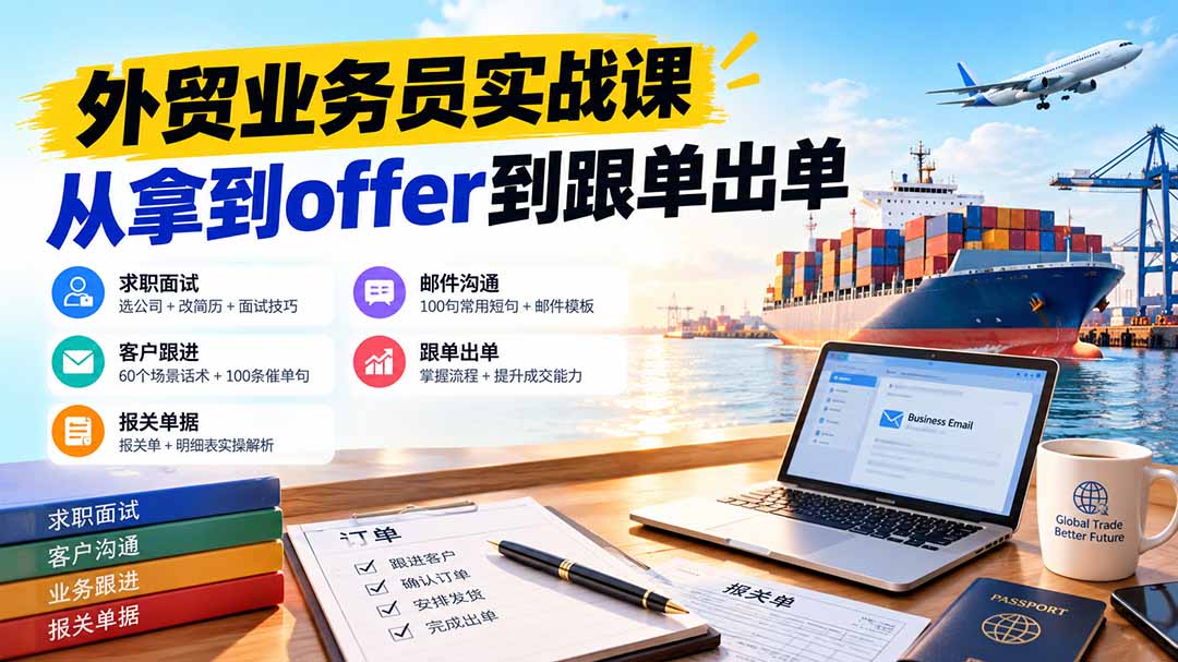 外贸业务员从求职到出单实战课:教你筛选优质公司、优化简历、应对面试、客户跟进催单及出口报关操作篇|副业联盟