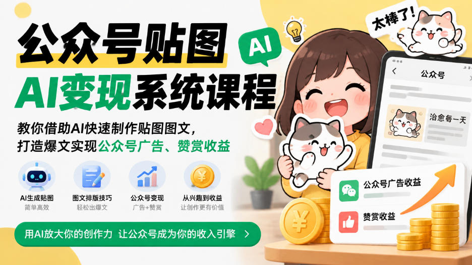 公众号贴图AI变现系统课程|教你借助AI快速制作贴图图文,打造爆文实现公众号广告、赞赏收益|副业联盟