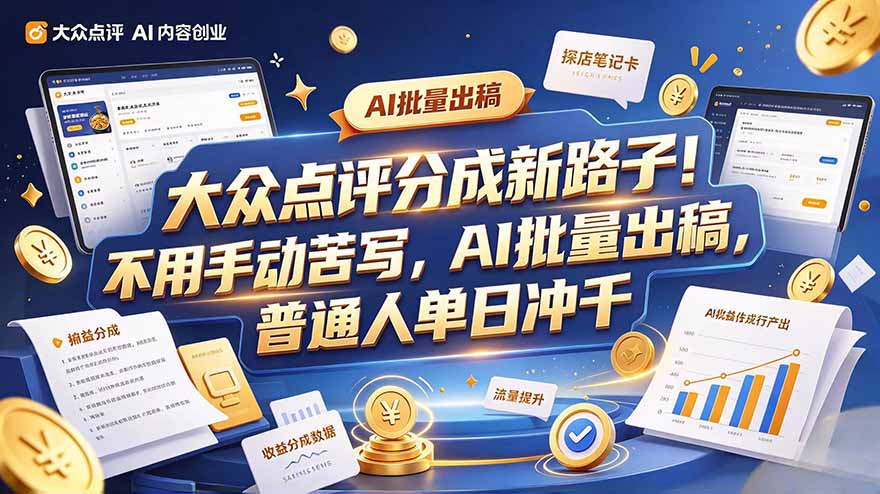 大众点评副业新玩法,工具提效解放双手,批量做笔记,单日可破千|副业联盟