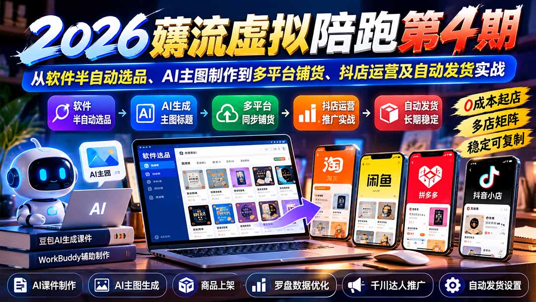 2026薅流虚拟陪跑第4期:从软件半自动选品、AI主图制作到多平台铺货、抖店运营及自动发货实战|副业联盟