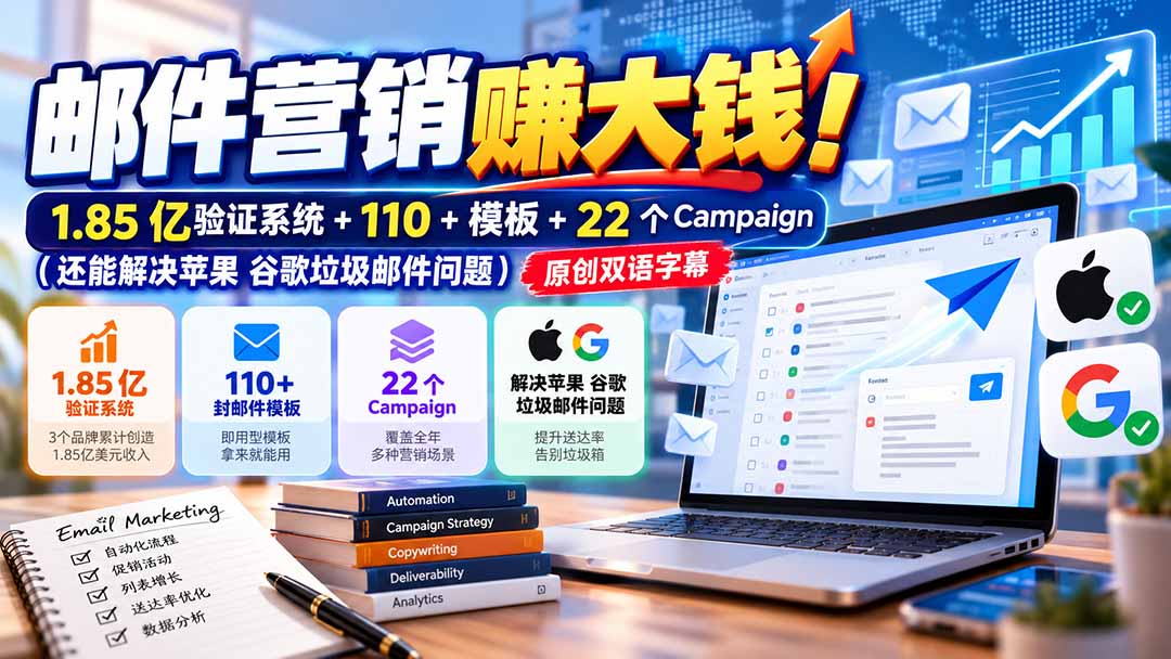 邮件营销赚大钱!1.85亿验证系统+110+模板+22个Campaign(还能解决苹果 谷歌垃圾邮件问题|副业联盟