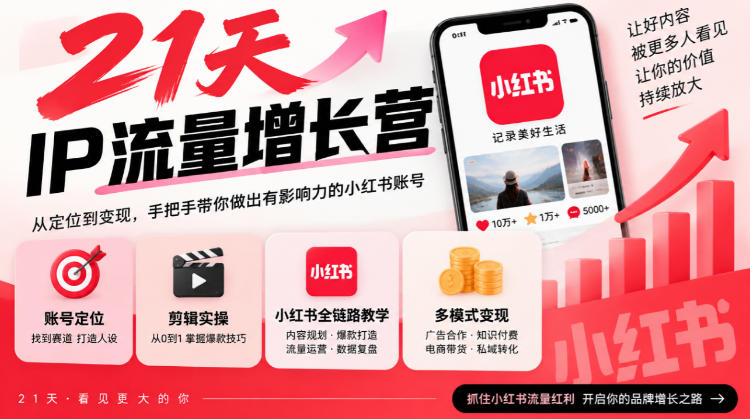 21天IP流量增长营，小红书全链路教学，账号定位剪辑实操，多模式变现系统课|副业联盟