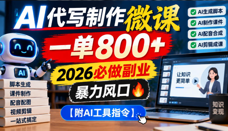 AI代写制作微课,一单800+,2026必做副业,暴力风口【附AI工具指令】【揭秘】|副业联盟