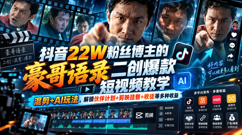 抖音22W粉丝博主的豪哥语录二创爆款短视频教学,混剪+AI玩法,解锁伙伴计划+剪映挂载+收徒等多种收益|副业联盟