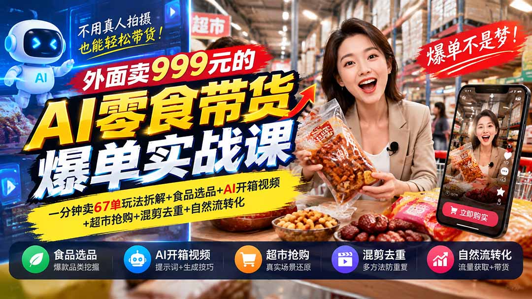 外面卖999元的AI零食带货爆单实战课｜一分钟卖67单玩法拆解+食品选品+AI开箱视频+超市抢购+混剪去重+自然流转化|副业联盟