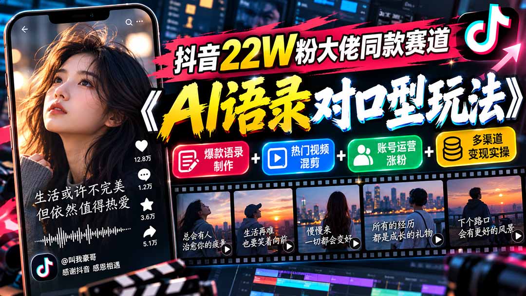 抖音22W粉大佬同款赛道《AI语录对口型玩法》：爆款语录制作+热门视频混剪+账号运营涨粉+多渠道变现实操|副业联盟