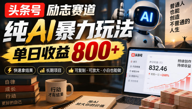 头条号励志赛道,纯AI暴力玩法,单日收益800+,快速拿结果,长期项目|副业联盟