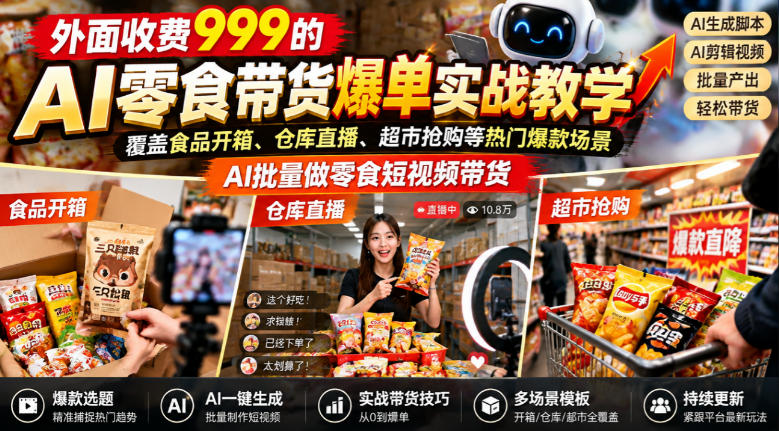 外面收费999的AI零食带货爆单实战教学,覆盖食品开箱、仓库直播、超市抢购等热门爆款场景,AI批量做零食短视频带货|副业联盟