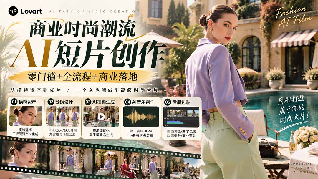 从一张模特图到高级时尚广告大片：AI三视图资产、场景合成、电影分镜、动态生成与复古音乐剪辑实战课|副业联盟