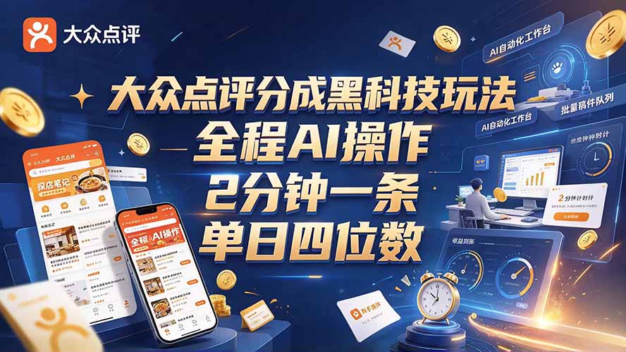 大众点评分成全网独家玩法，AI 全自动出内容，2 分钟一条，小白可冲单日四位数|副业联盟