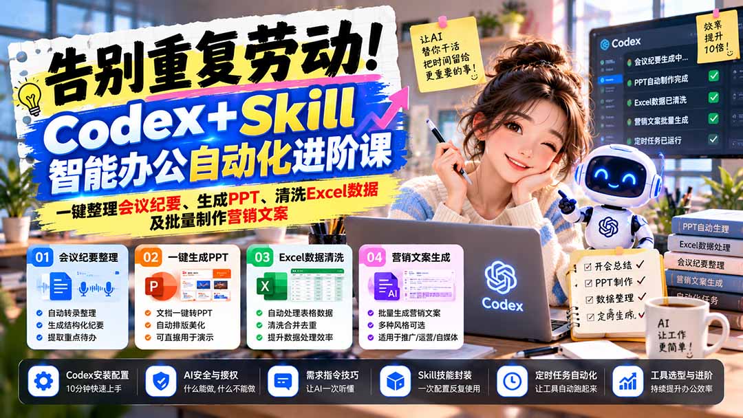 告别重复劳动！Codex+Skill智能办公自动化进阶课：一键整理会议纪要、生成PPT、清洗Excel数据及批量制作营销文案|副业联盟
