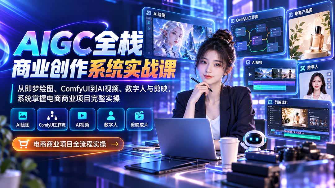 AIGC全栈商业创作系统实战课-更新1017：从即梦绘图、ComfyUI到AI视频、数字人与剪映，系统掌握电商商业项目完整实操|副业联盟