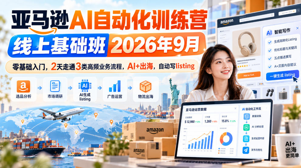 亚马逊AI自动化训练营线上基础班2026年9月，零基础入门，2天走通3类高频业务流程，AI+出海，自动写listing(更新1017)|副业联盟