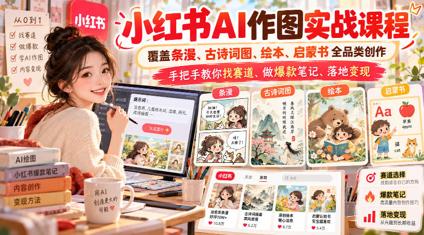 小红书AI作图实战课程，覆盖条漫、古诗词图、绘本、启蒙书全品类创作，手把手教你找赛道、做爆款笔记、落地变现(更新1017)|副业联盟