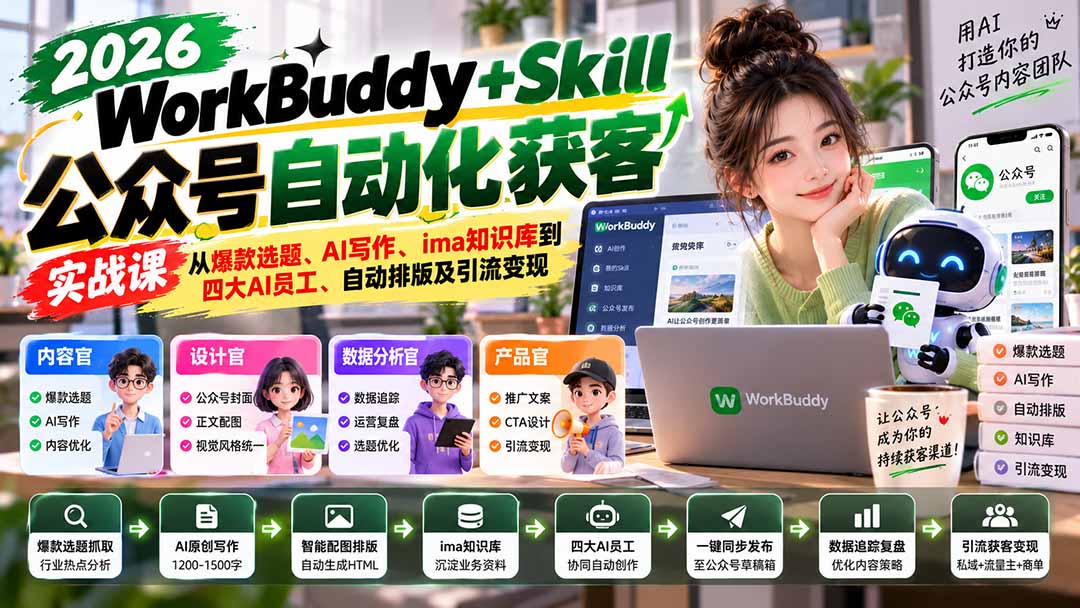 WorkBuddy + Skill公众号自动化获客实战课：从爆款选题、AI写作、ima知识库到四大AI员工、自动排版及引流变现|副业联盟
