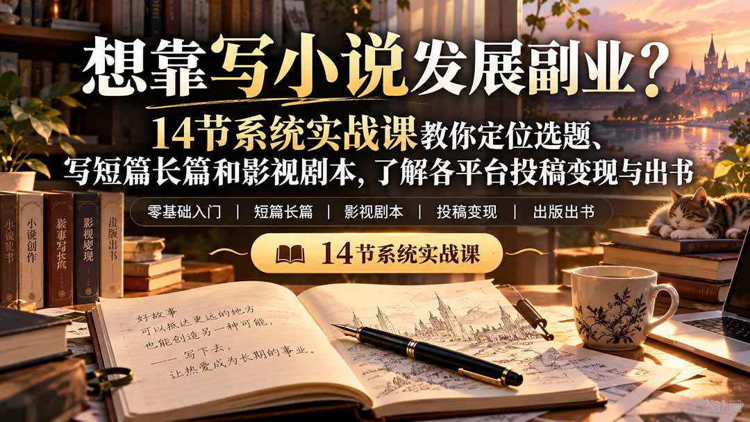 【无水印】想靠写小说发展副业?14节系统实战课教你定位选题、写短篇长篇和影视剧本,了解各平台投稿变现与出书|副业联盟