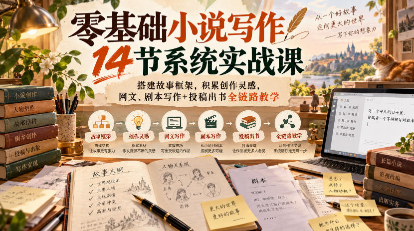 零基础小说写作14节系统实战课,搭建故事框架,积累创作灵感,网文、剧本写作+投稿出书全链路教学|副业联盟