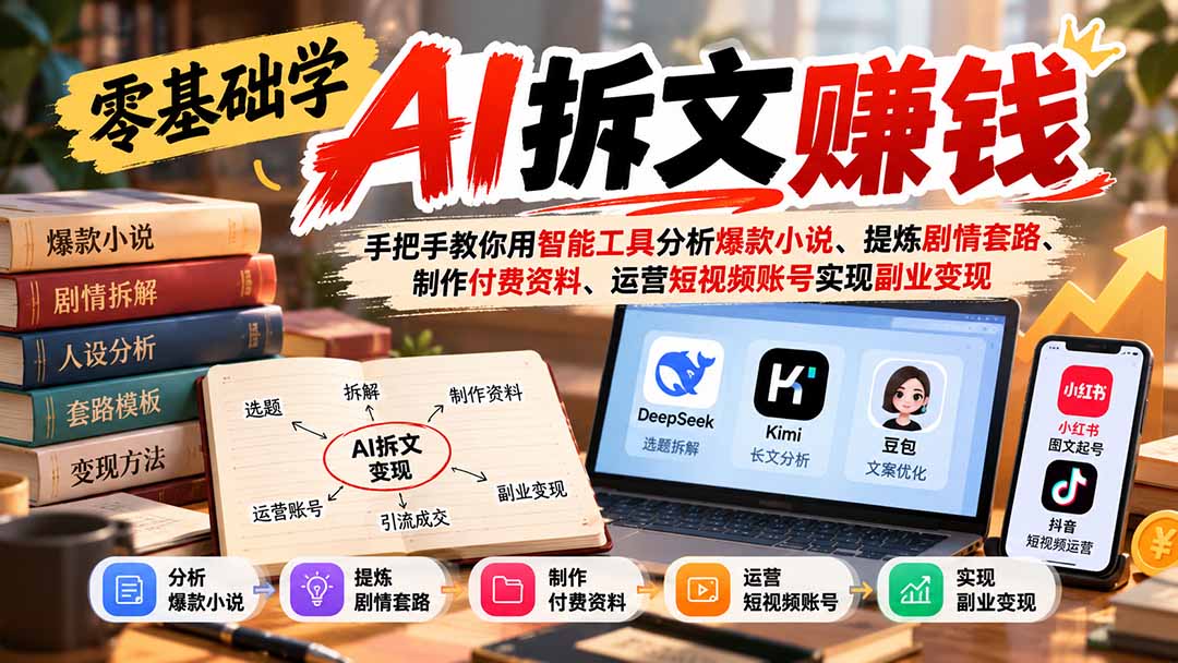 零基础学AI拆文赚钱:手把手教你用智能工具分析爆款小说、提炼剧情套路、制作付费资料、运营短视频账号实现副业变现|副业联盟
