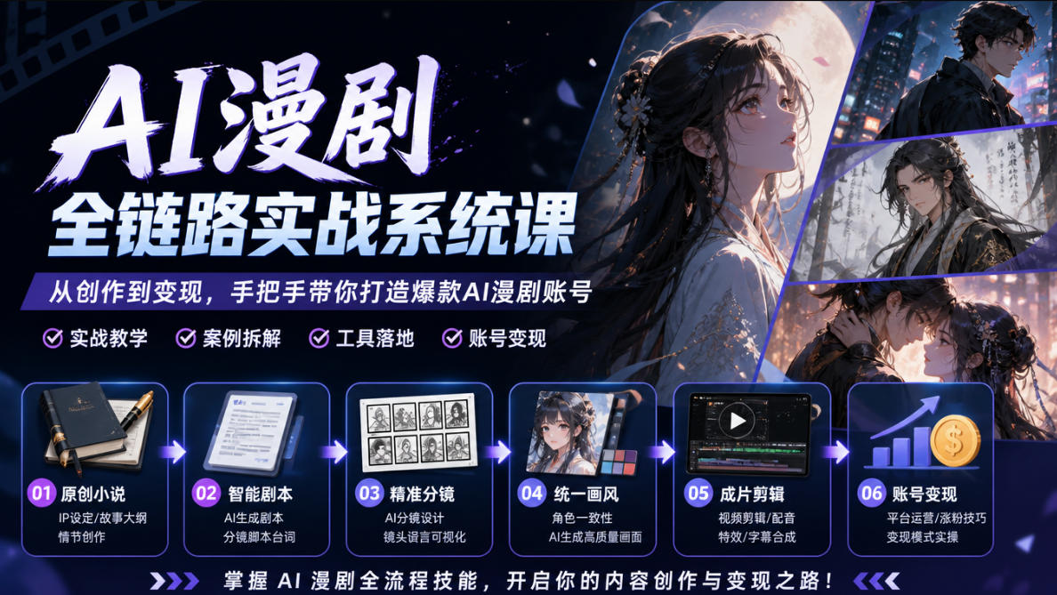 AI漫剧全链路实战系统课|原创小说、智能剧本、精准分镜、统一画风、成片剪辑、账号变现实操教学(更新1018)|副业联盟