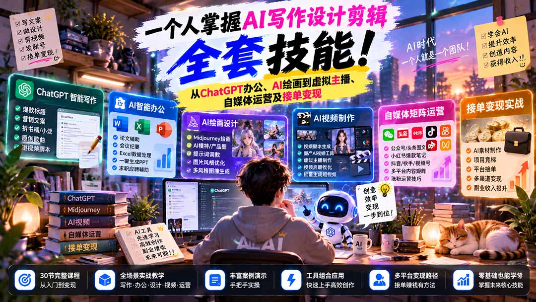 一个人掌握AI写作设计剪辑全套技能：从ChatGPT办公、AI绘画到虚拟主播、自媒体运营及接单变现|副业联盟