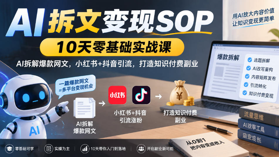 AI拆文变现SOP｜10天零基础实战课，AI拆解爆款网文，小红书+抖音引流，打造知识付费副业|副业联盟