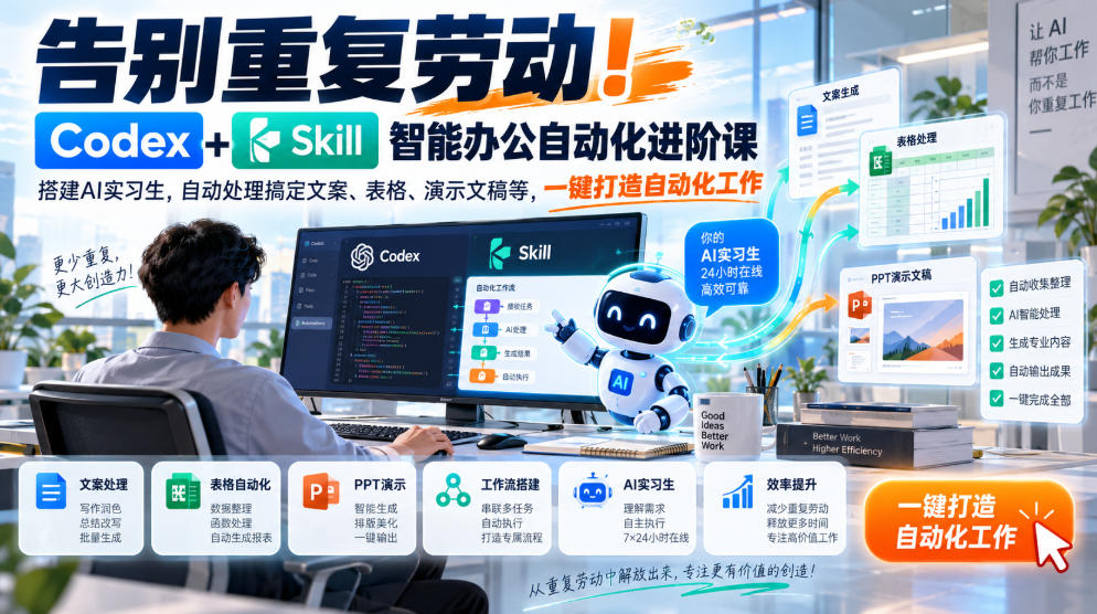 告别重复劳动！Codex+Skill智能办公自动化进阶课｜搭建AI实习生，自动处理搞定文案、表格、演示文稿等，一键打造自动化工作|副业联盟