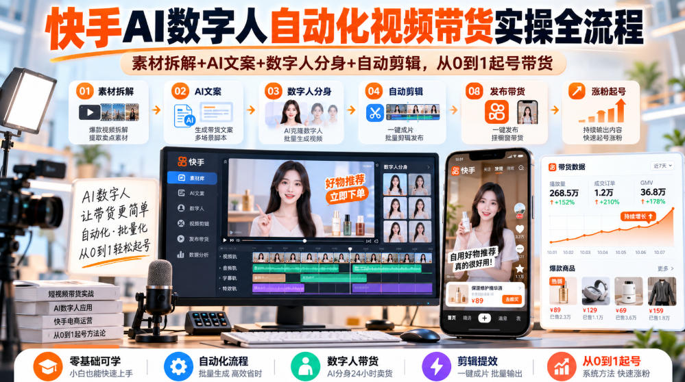 快手AI数字人自动化视频带货实操全流程|素材拆解+AI文案+数字人分身+自动剪辑,从0到1起号带货(更新26年)|副业联盟