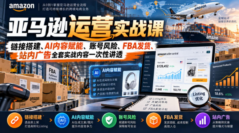 亚马逊运营实战课,链接搭建、AI内容赋能、账号风险、FBA发货、站内广告全套实战内容一次性讲透|副业联盟