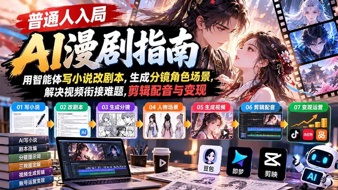 【无水印】普通人入局AI漫剧指南:用智能体写小说改剧本,生成分镜角色场景,解决视频衔接难题,剪辑配音与变现|副业联盟