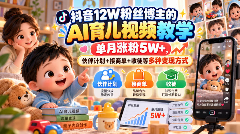 抖音12W粉丝博主的AI育儿视频教学,单月涨粉5W+,伙伴计划+接商单+收徒等多种变现方式|副业联盟