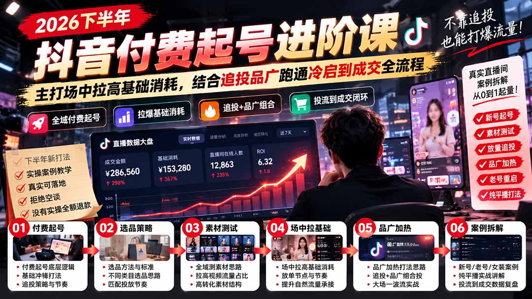 2026下半年抖音付费起号进阶课-更新1019：主打场中拉高基础消耗，结合追投品广跑通冷启到成交全流程|副业联盟